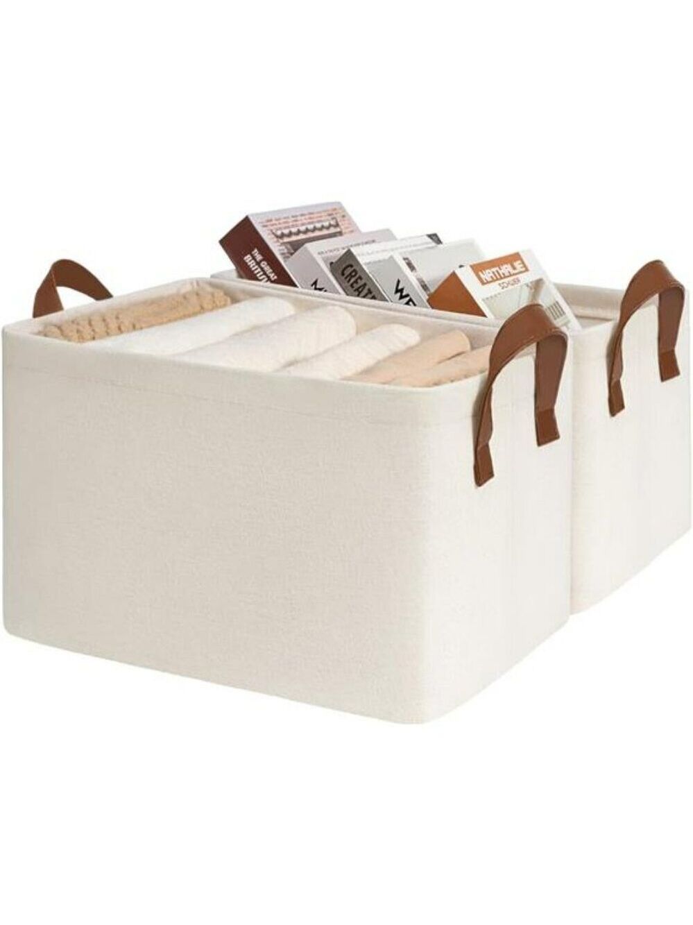 Set of 2 Large Beige Storage Bins with Handles for Closet Shelves Organizer
